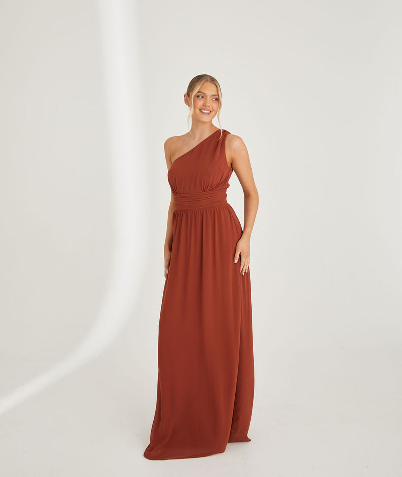 One Shoulder Chiffon Bridesmaid Dress - Rust Six Stories One Shoulder Chiffon Bridesmaid Dress - Rust Six Stories