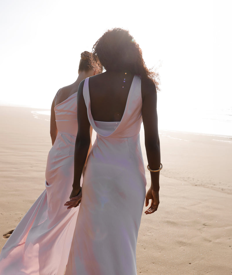pale pink satin bridesmaid dress Cowl Back rtw 2026 05 summer 1 The delicate spaghetti straps Color:Creamy-white Penny Lane Blue Floral
