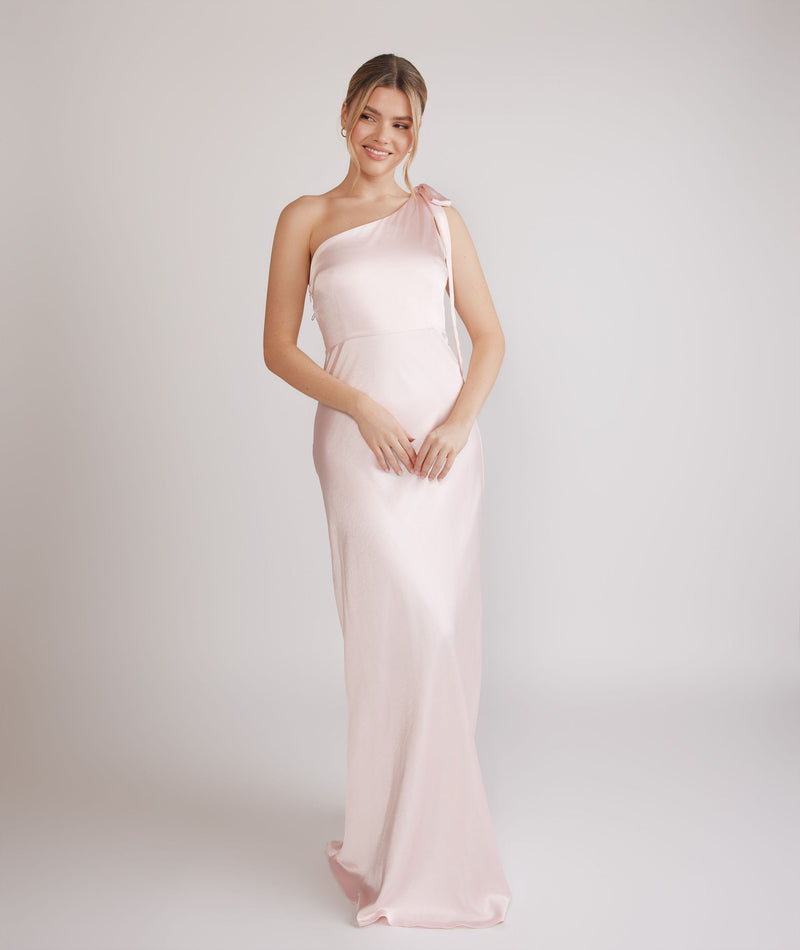 Bow One Shoulder Satin Bridesmaid Dress - Pale Pink Six Stories Bow One Shoulder Satin Bridesmaid Dress - Pale Pink Six Stories