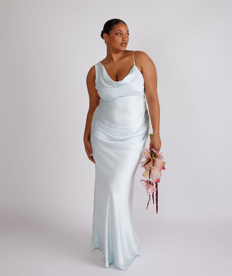 Cowl Asymmetrical Satin Bridesmaid Dress - Ice Blue Cowl Asymmetrical Satin Bridesmaid Dress - Ice Blue