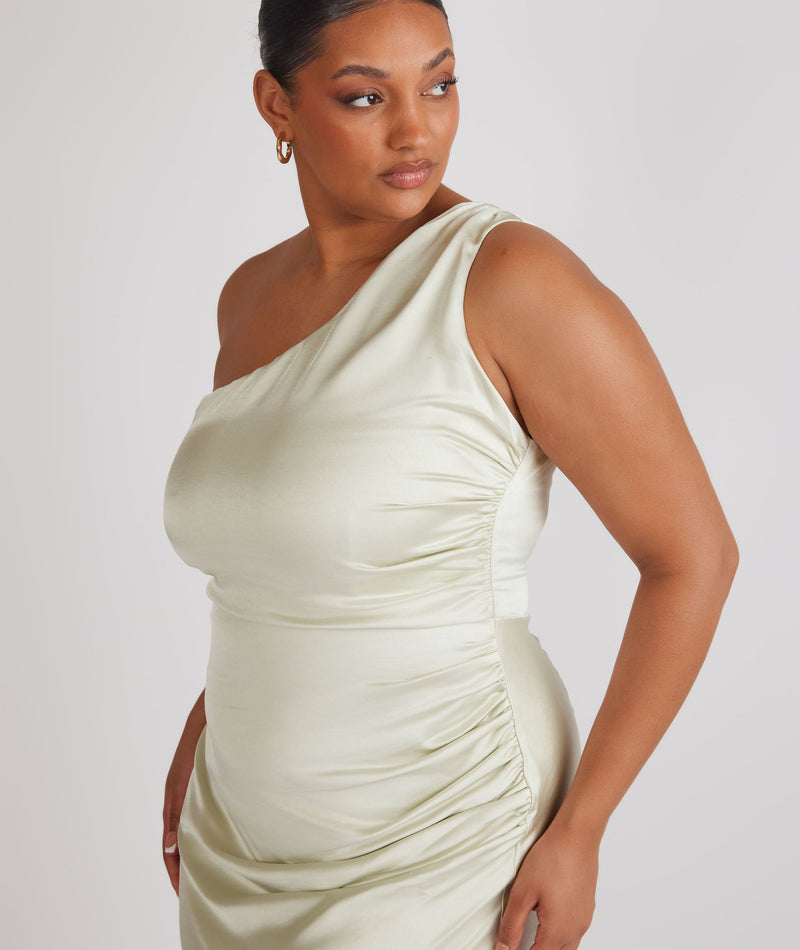 One Shoulder Gathered Satin Bridesmaid Dress - Pear Green - Size US 4 One Shoulder Gathered Satin Bridesmaid Dress - Pear Green - Size US 4
