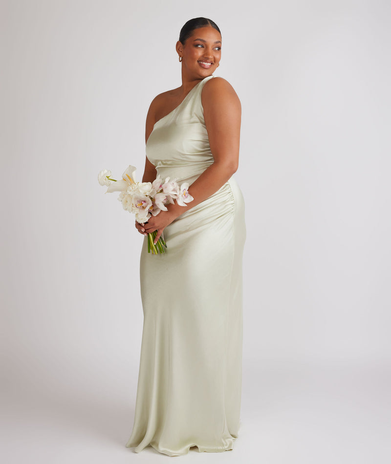 One Shoulder Satin Bridesmaid Dress - Pear Green One Shoulder Satin Bridesmaid Dress - Pear Green