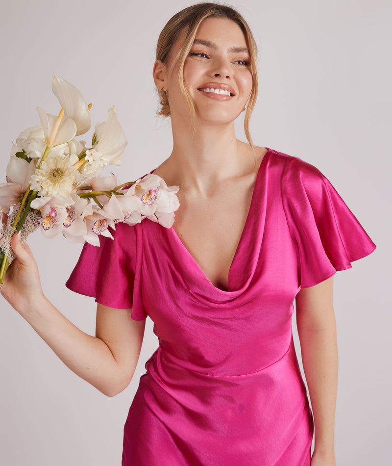 Cowl Flutter Sleeve Satin Bridesmaid Dress