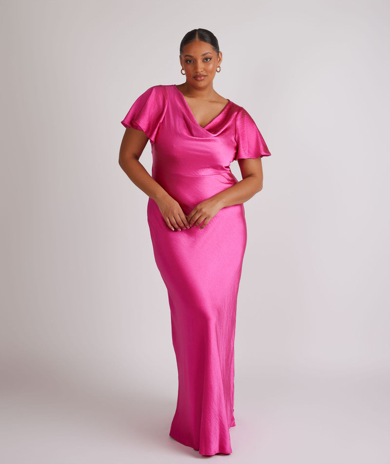 Cowl Flutter Sleeve Satin Bridesmaid Dress - Fuchsia Pink Six Stories Cowl Flutter Sleeve Satin Bridesmaid Dress - Fuchsia Pink Six Stories
