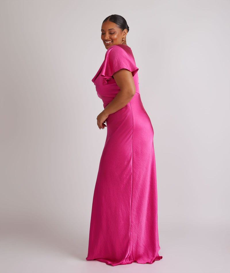 Cowl Flutter Sleeve Satin Bridesmaid Dress - Fuchsia Pink Six Stories Cowl Flutter Sleeve Satin Bridesmaid Dress - Fuchsia Pink Six Stories