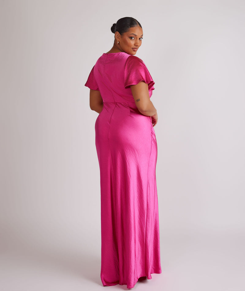 Cowl Flutter Sleeve Satin Bridesmaid Dress - Fuchsia Pink Six Stories Cowl Flutter Sleeve Satin Bridesmaid Dress - Fuchsia Pink Six Stories
