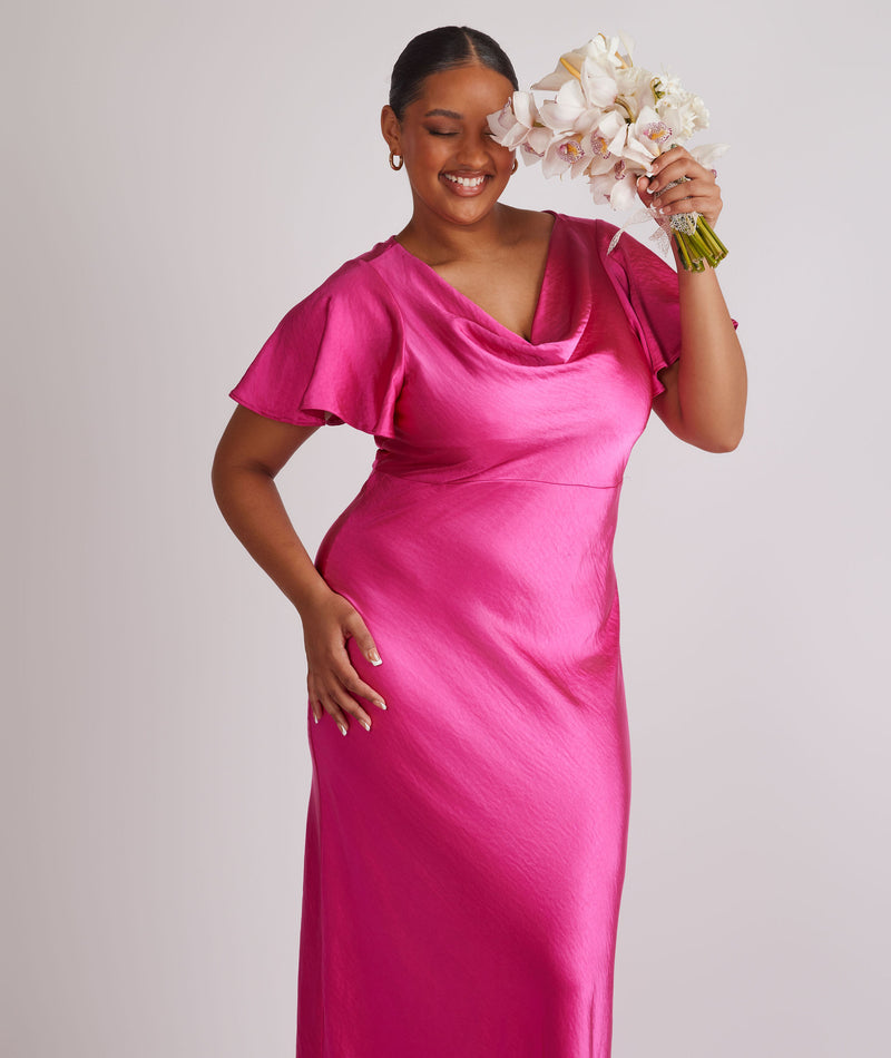 Cowl Flutter Sleeve Satin Bridesmaid Dress - Fuchsia Pink Six Stories Cowl Flutter Sleeve Satin Bridesmaid Dress - Fuchsia Pink Six Stories