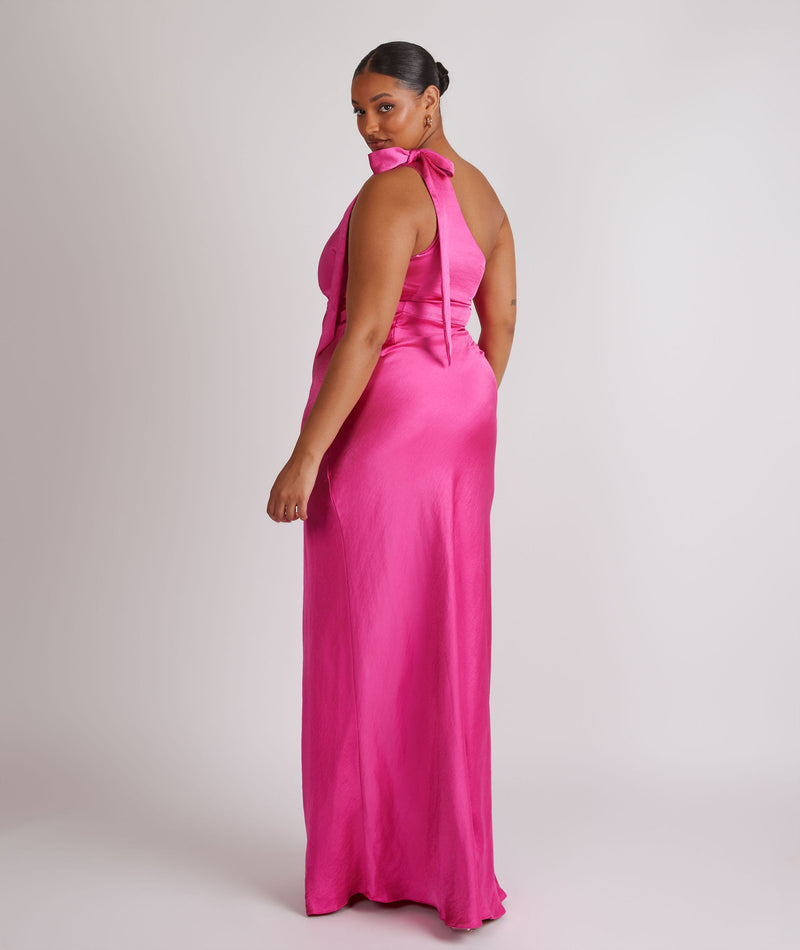 Bow One Shoulder Satin Bridesmaid Dress - Fuchsia Pink Six Stories Bow One Shoulder Satin Bridesmaid Dress - Fuchsia Pink Six Stories