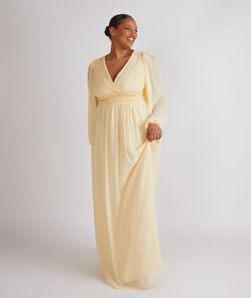 Balloon Sleeve Chiffon Bridesmaid Dress - Butter Lemon Six Stories Balloon Sleeve Chiffon Bridesmaid Dress - Butter Lemon Six Stories