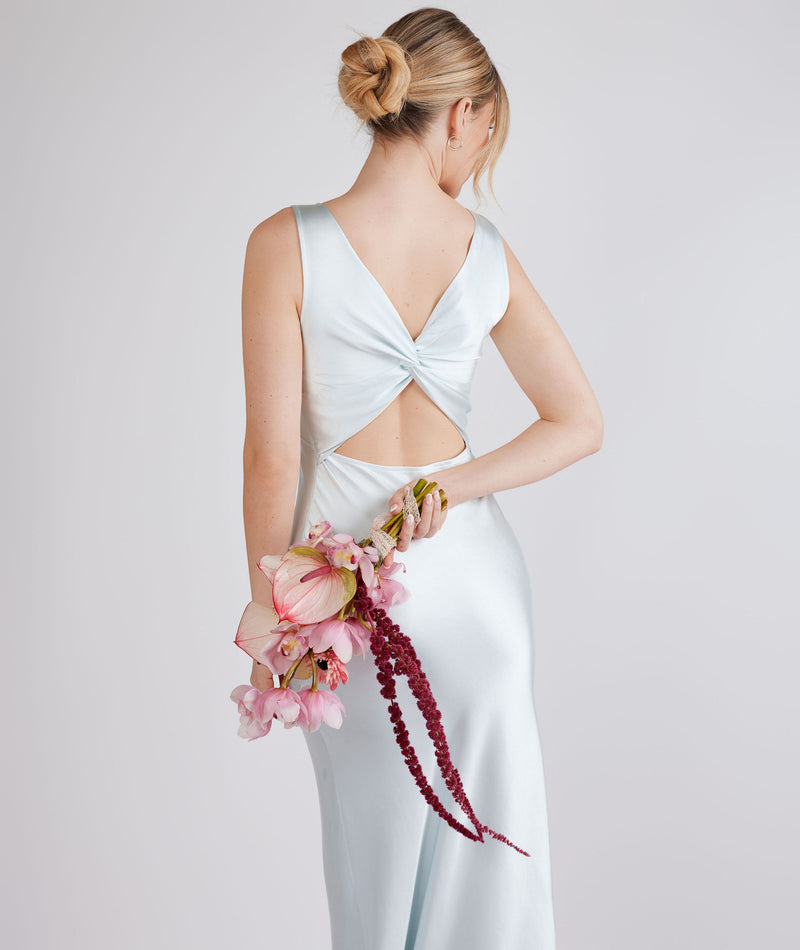 Twist Back Satin Bridesmaid Dress - Ice Blue Six Stories Twist Back Satin Bridesmaid Dress - Ice Blue Six Stories