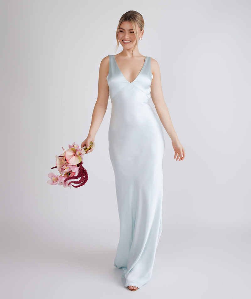 Twist Back Satin Bridesmaid Dress - Ice Blue Six Stories Twist Back Satin Bridesmaid Dress - Ice Blue Six Stories