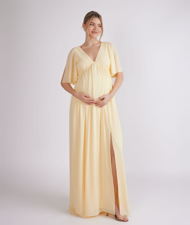 Plunge Flutter Sleeve Chiffon Bridesmaid Dress - Butter Lemon | Maternity Six Stories Plunge Flutter Sleeve Chiffon Bridesmaid Dress - Butter Lemon | Maternity Six Stories