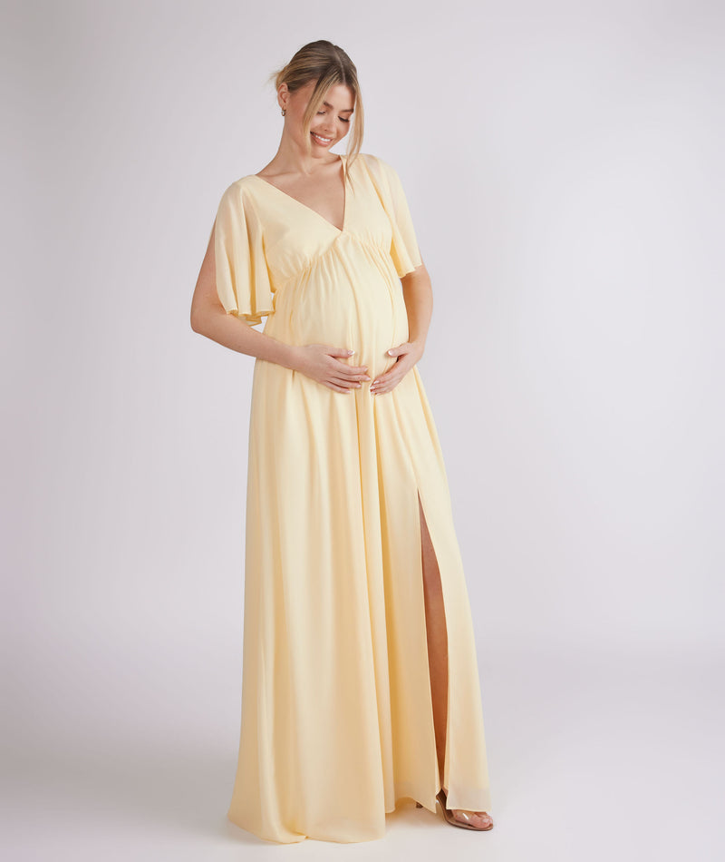 Plunge Flutter Sleeve Chiffon Bridesmaid Dress - Butter Lemon | Maternity - Size US 12 Plunge Flutter Sleeve Chiffon Bridesmaid Dress - Butter Lemon | Maternity - Size US 12