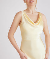 Cowl Front Satin Bridesmaid Dress - Butter Lemon