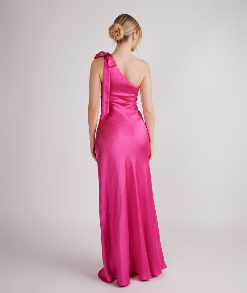 Bow One Shoulder Satin Bridesmaid Dress - Fuchsia Pink- Size US 6 Bow One Shoulder Satin Bridesmaid Dress - Fuchsia Pink- Size US 6