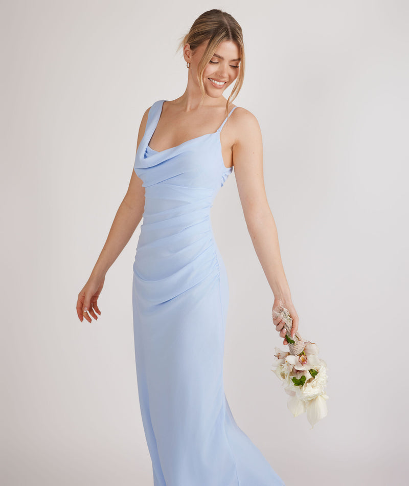cornflower blue bridesmaid dress Cowl Asymmetrical Chiffon Bridesmaid Dress