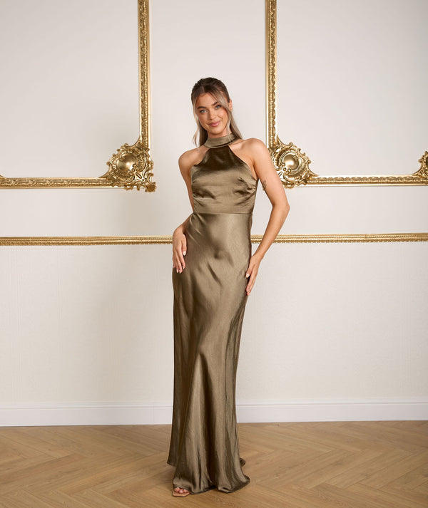 Six Stories Cowl-back Satin Maxi Dress - Dark Olive Six Stories Cowl-back Satin Maxi Dress - Dark Olive