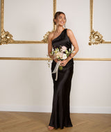 One Shoulder Satin Bridesmaid Dress - Black