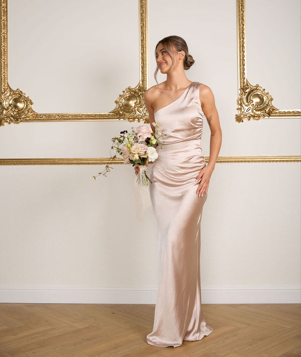Bow One Shoulder Satin Bridesmaid Dress - Oyster | Six Stories