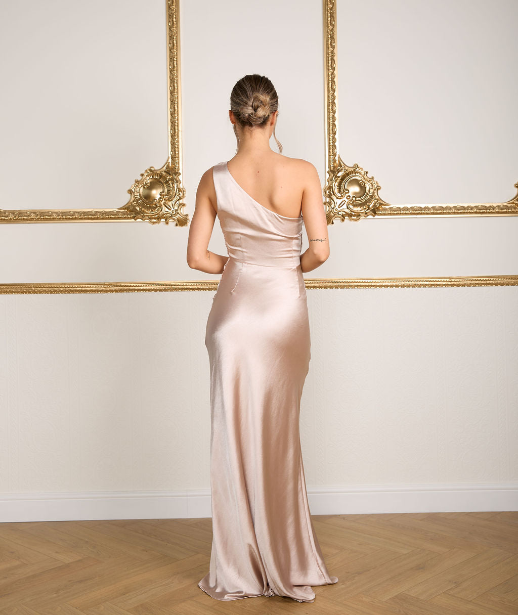One Shoulder Satin Bridesmaid Dress - Oyster