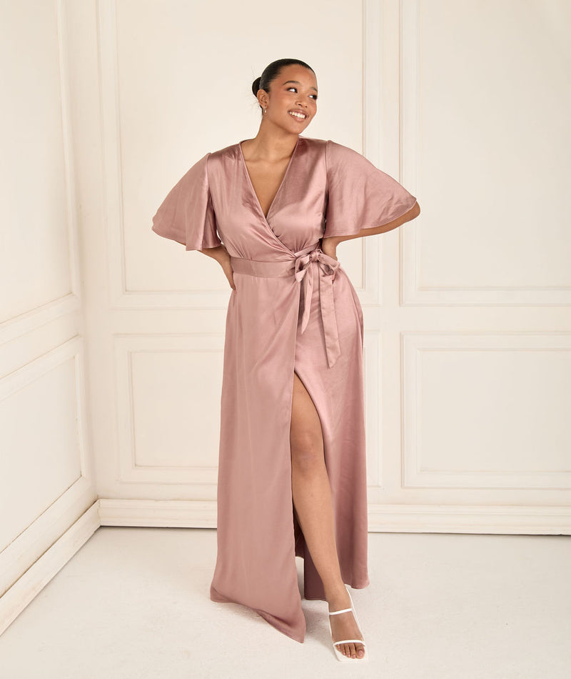 Wrap Tie Satin Bridesmaid Dress - Rose Six Stories Wrap Tie Satin Bridesmaid Dress - Rose Six Stories