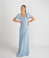 Square Neck Flutter Sleeve Crepe Bridesmaid Dress - Pale Blue