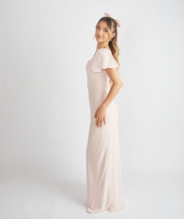 Flutter Sleeve V Neck Plunge Crepe Bridesmaid Dress - Blush | Six Stories Flutter Sleeve V Neck Plunge Crepe Bridesmaid Dress - Blush | Six Stories