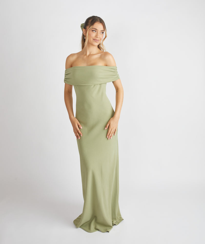 Bardot Crepe Bridesmaid Dress - Sage Six Stories Bardot Crepe Bridesmaid Dress - Sage Six Stories
