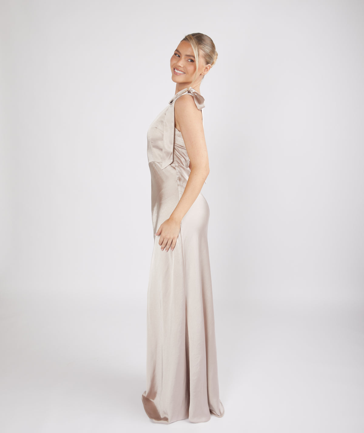 Twist Back Satin Bridesmaid Dress - Oyster Six Stories Twist Back Satin Bridesmaid Dress - Oyster Six Stories