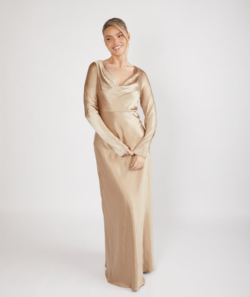 Cowl Front Long Sleeve Satin Bridesmaid Dress - Champagne | Six Stories Cowl Front Long Sleeve Satin Bridesmaid Dress - Champagne | Six Stories