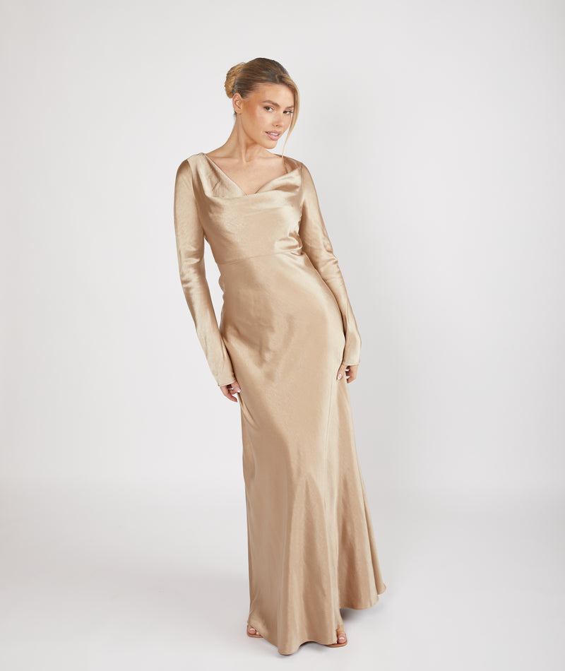 Cowl Front Long Sleeve Satin Bridesmaid Dress - Champagne | Six Stories Cowl Front Long Sleeve Satin Bridesmaid Dress - Champagne | Six Stories