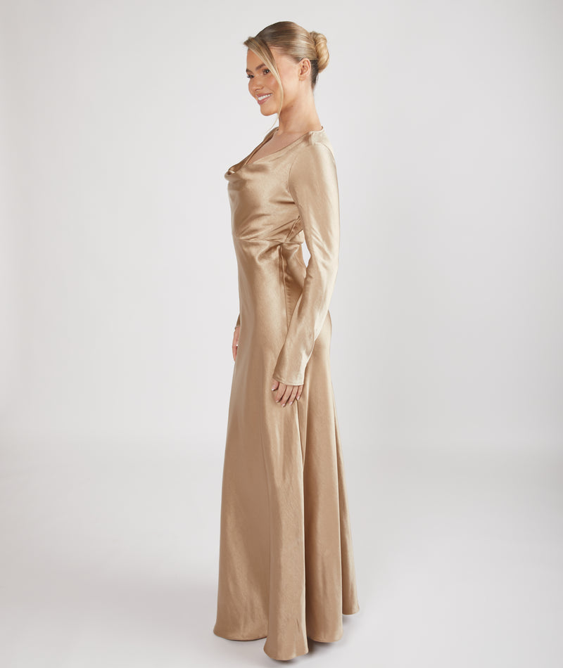 Cowl Front Long Sleeve Satin Bridesmaid Dress - Champagne | Six Stories Cowl Front Long Sleeve Satin Bridesmaid Dress - Champagne | Six Stories