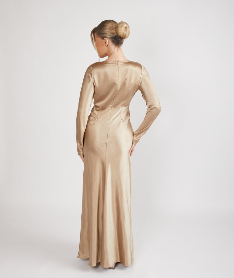 Cowl Front Long Sleeve Satin Bridesmaid Dress - Champagne | Six Stories Cowl Front Long Sleeve Satin Bridesmaid Dress - Champagne | Six Stories
