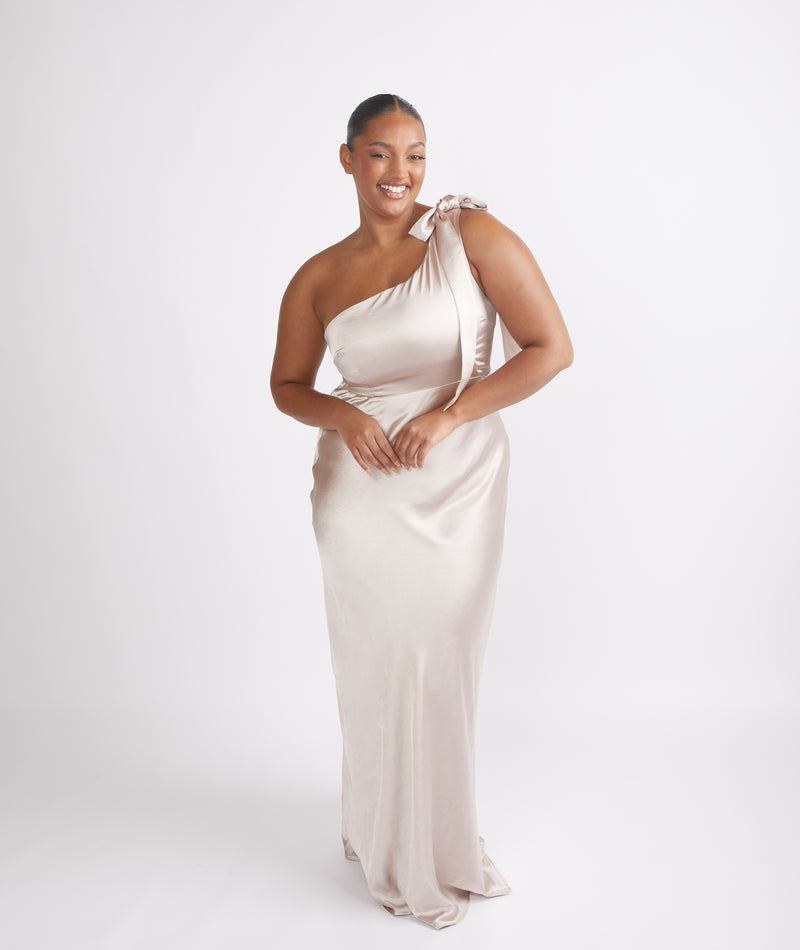 Bow One Shoulder Satin Bridesmaid Dress - Oyster Bow One Shoulder Satin Bridesmaid Dress - Oyster
