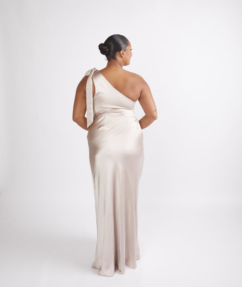 Bow One Shoulder Satin Bridesmaid Dress - Oyster | Six Stories | Sizes from 2-14 Bow One Shoulder Satin Bridesmaid Dress - Oyster | Six Stories | Sizes from 2-14