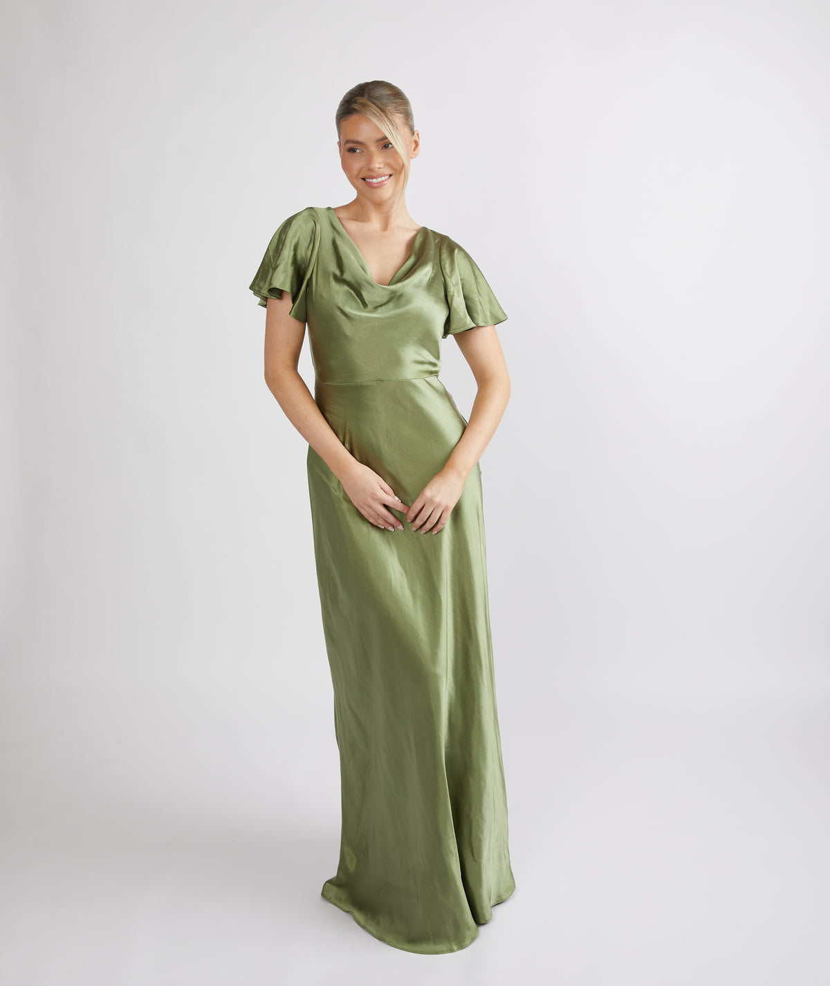 Cowl Back Satin Bridesmaid Dress - Moss Green