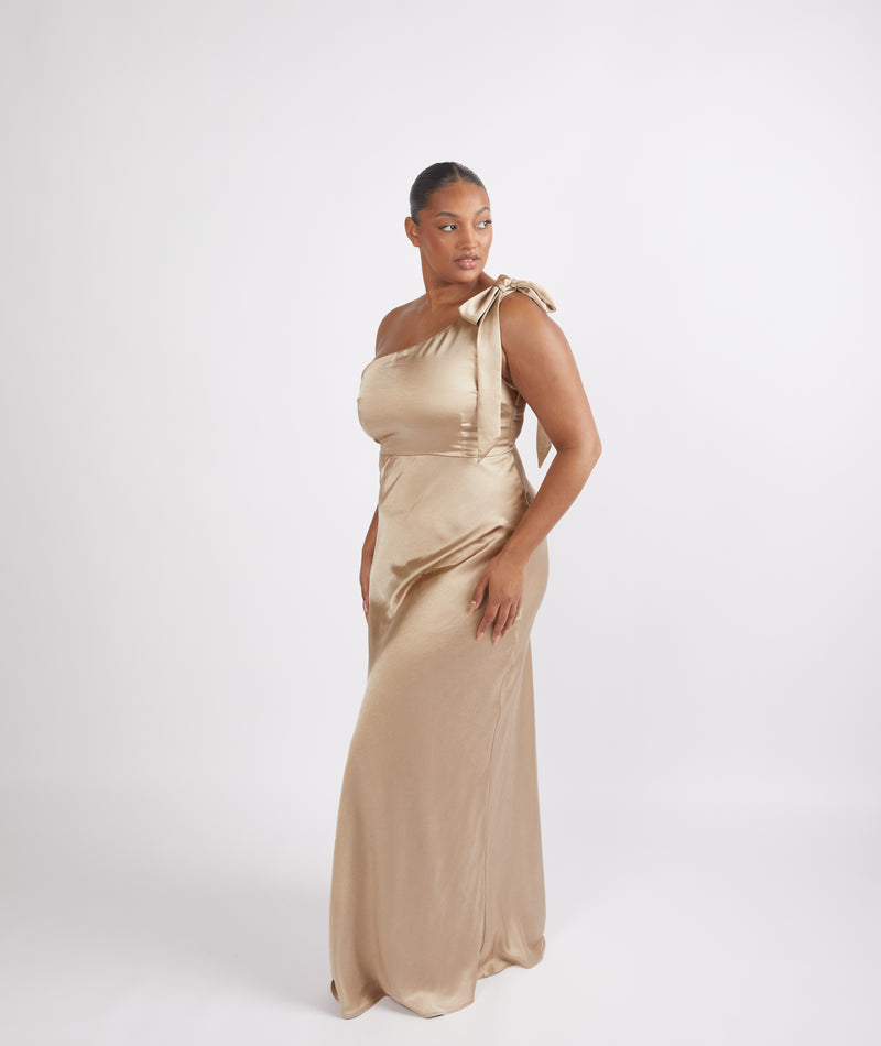 one shoulder champagne bridesmaid dresses Azazie Charlize
