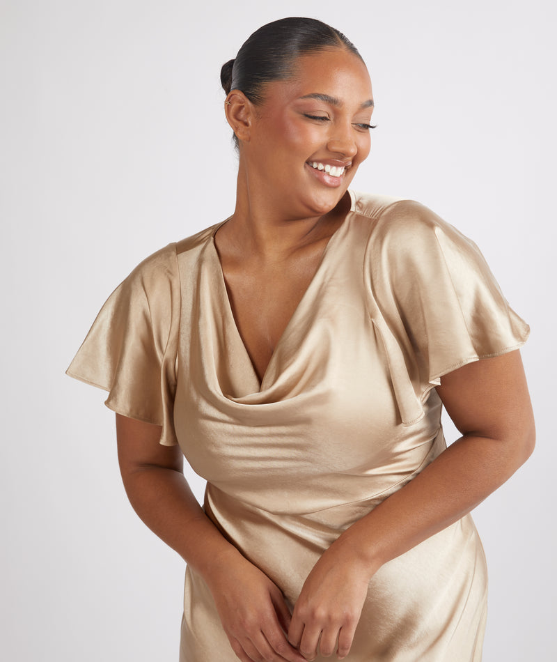 Cowl Front Satin Short Sleeve Bridesmaid Dress - Champagne | Six Stories Cowl Front Satin Short Sleeve Bridesmaid Dress - Champagne | Six Stories