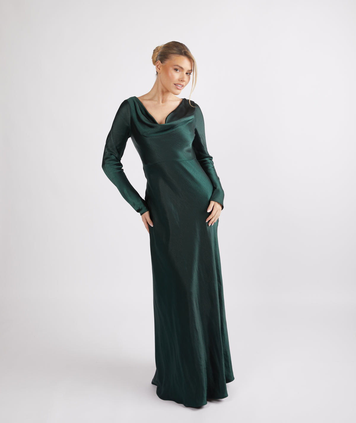 Cowl Front Long Sleeve Satin Bridesmaid Dress - Emerald