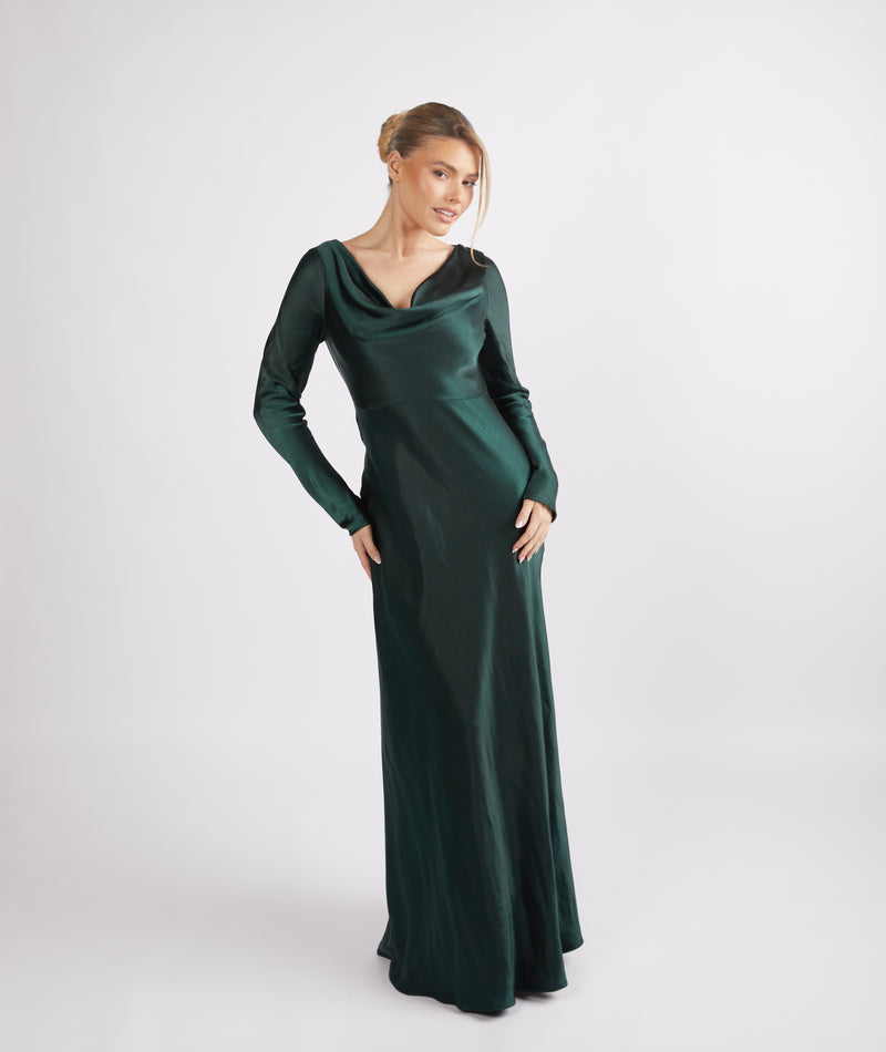 Six Stories COWL-FRONT Long-Sleeve Satin Maxi Dress - Emerald Six Stories COWL-FRONT Long-Sleeve Satin Maxi Dress - Emerald