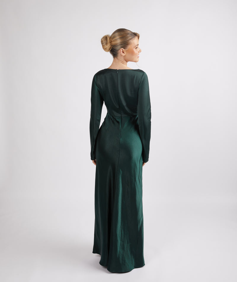emerald green long sleeve satin dress Emerald Green satin Maxi Dress with side slit and bishop sleeves