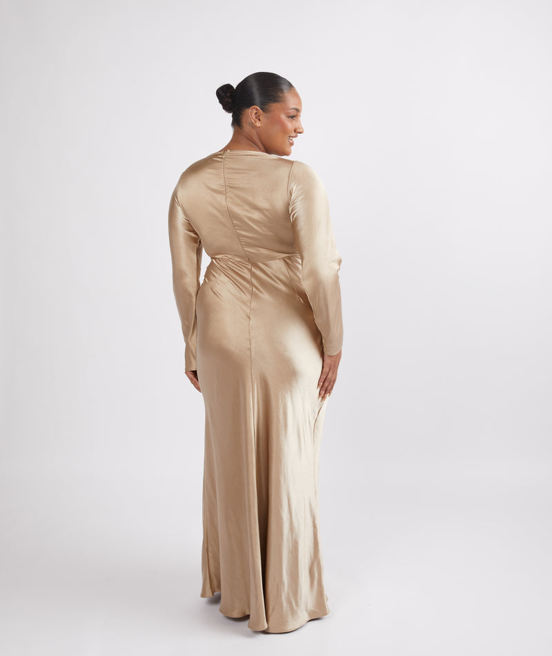 Cowl Front Long Sleeve Satin Bridesmaid Dress - Champagne | Six Stories Cowl Front Long Sleeve Satin Bridesmaid Dress - Champagne | Six Stories