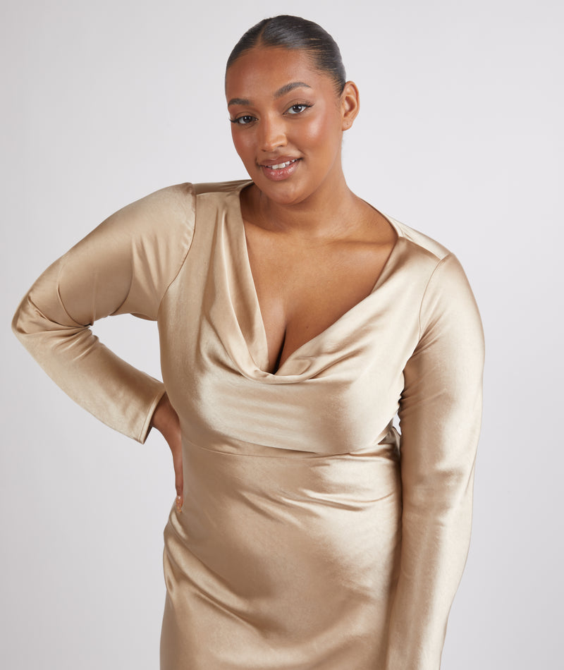 champagne bridesmaid dresses long sleeve Satin Dresses Champagne Bridesmaid Dresses With Sleeves Cowl Front Long Sleeve Satin Bridesmaid Dress Champagne Six