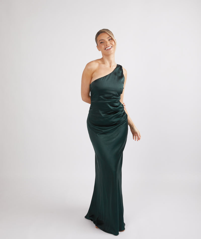 One Shoulder Satin Ruched Bridesmaid Dress - Emerald | Six Stories | Sizes from 2-14 One Shoulder Satin Ruched Bridesmaid Dress - Emerald | Six Stories | Sizes from 2-14