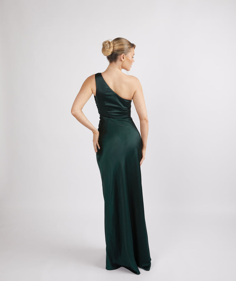 emerald green one shoulder bridesmaid dress One-Shoulder Satin Fitted Green Emerald Evening Dress AC387 2 / Green