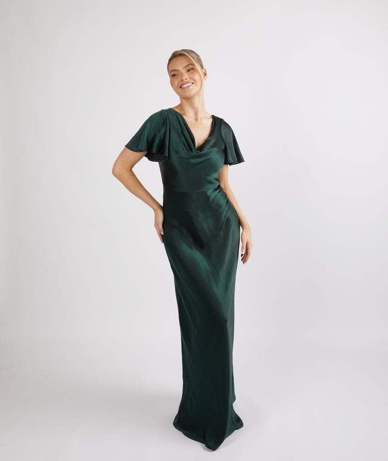 Cowl Front Satin Short Sleeve Bridesmaid Dress - Emerald | Six Stories Cowl Front Satin Short Sleeve Bridesmaid Dress - Emerald | Six Stories