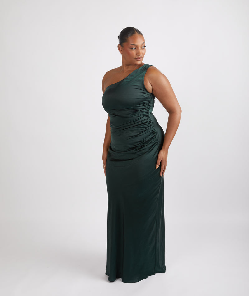 One Shoulder Satin Ruched Bridesmaid Dress Emerald Six Stories