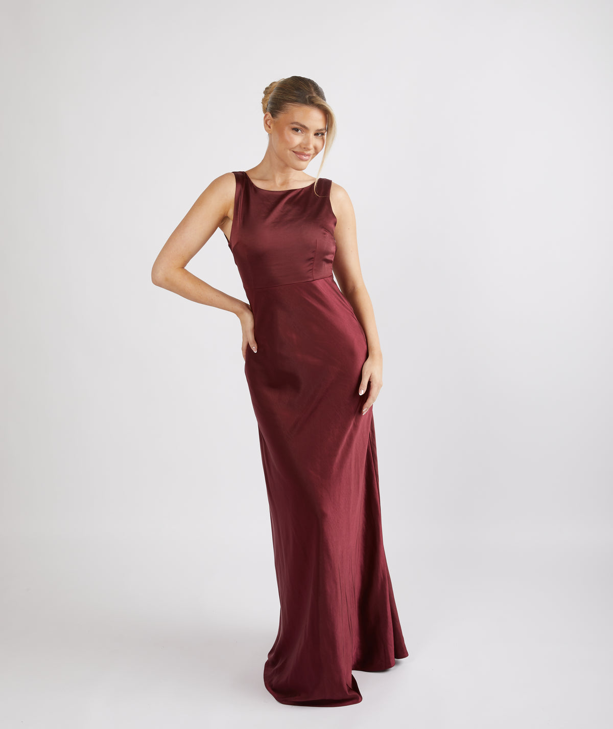 Cowl Front Satin Short Sleeve Bridesmaid Dress - Deep Wine