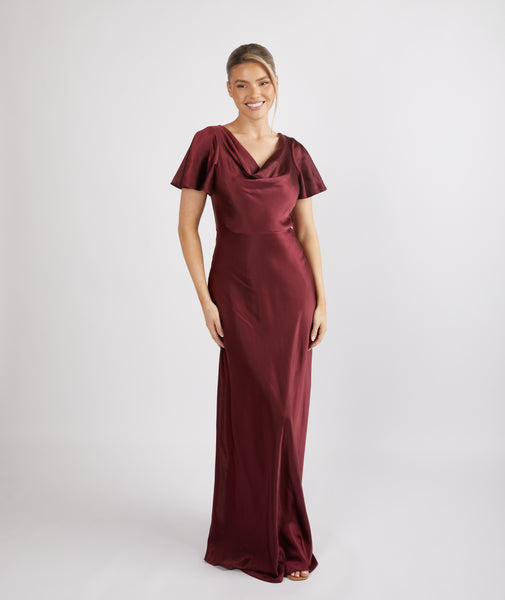 Cowl Flutter Sleeve Satin Bridesmaid Dress