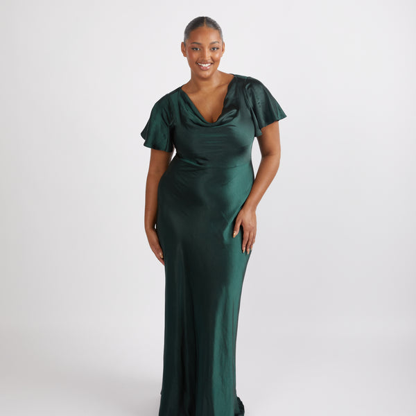 emerald green satin bridesmaid dresses Solar Strapless Stretch Dress Ready to Ship 10 / Bronze This satin cowl neck bridesmaid dress with ultra Emerald Bridesmaid Dress Matte Satin